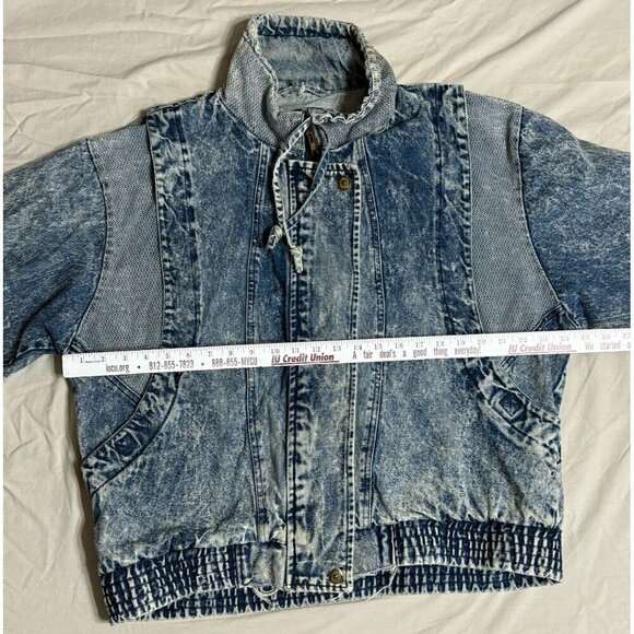 Vintage 80's Acid Wash Denim Bomber Jacket With Ribbed Hem Unisex 18W Distressed - Picture 3 of 11